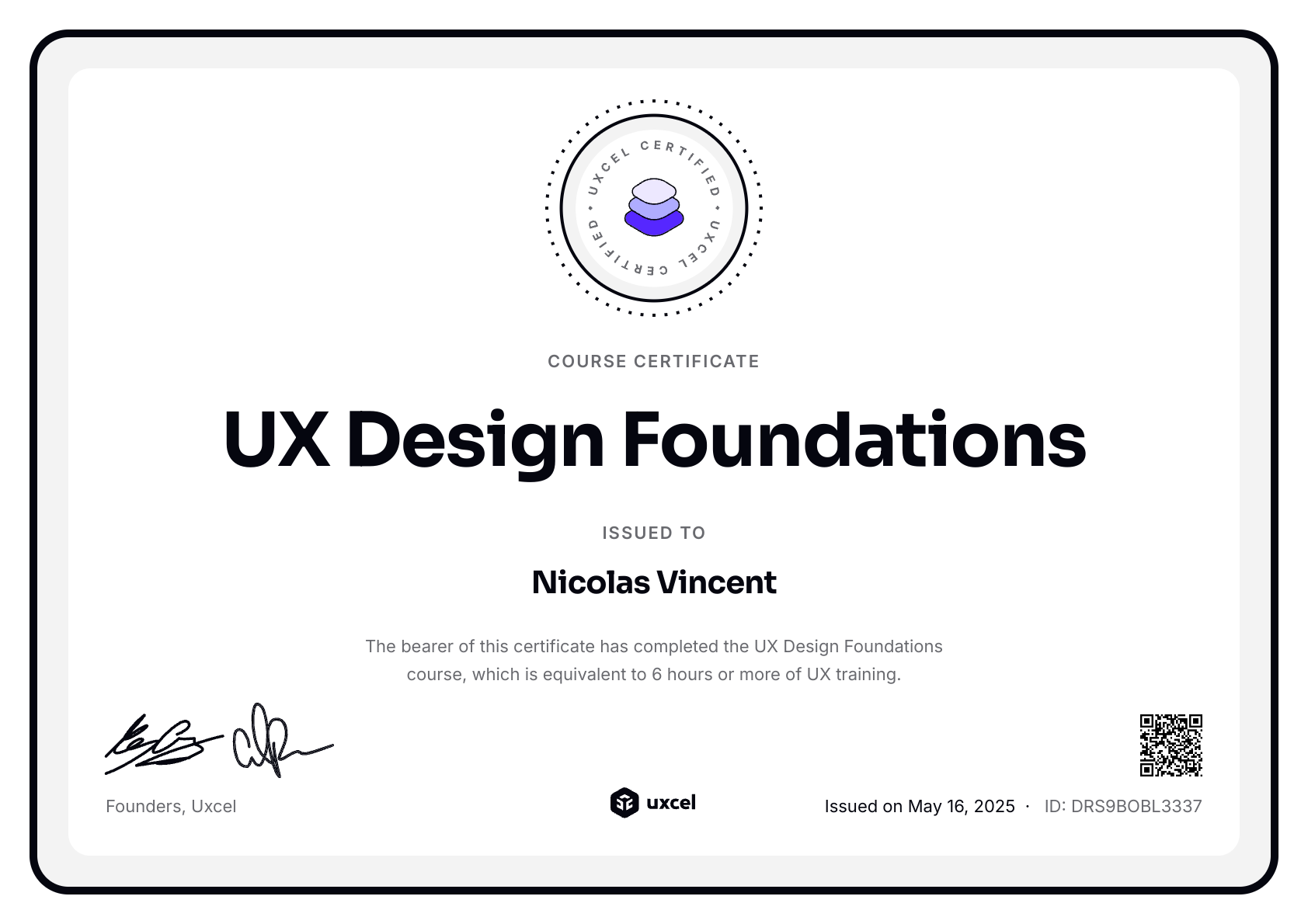 Nicolas Vincent's certificate